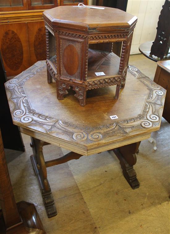 Oak oct top table, flowerheads & scrolls, a small oct table & an Art Deco walnut octagonal standard lamp